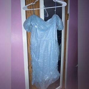 Baby blue beaded sequin off shoulder cocktail mini dress